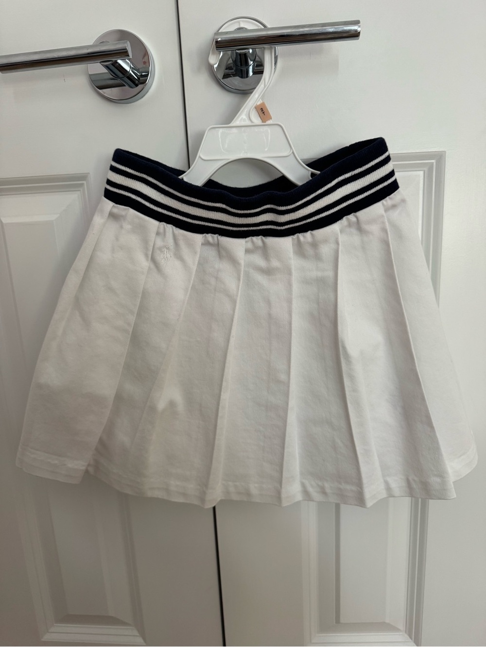 Polo White Pleated Skirt with Navy Stripe Waistband